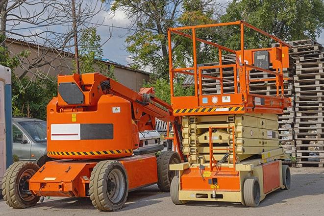 industrial forklift in use at a fully-stocked warehouse in Leonardo